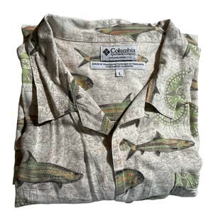 Columbia Button Down Shirt Men's Large Fish Nautical Short Sleeve Rayon